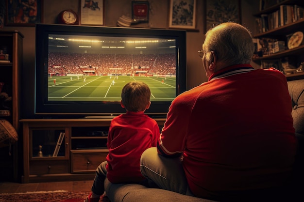 Avô e neto assistindo jogo de futebol na TV na sala de casa
