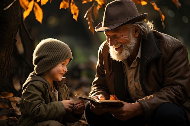 Avô e neto compartilham sorrisos sob árvores serenas, IA generativa