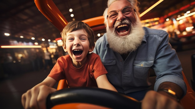 Avô e neto sorrindo e se divertindo enquanto dirigia um carro bate-bate no parque de diversões