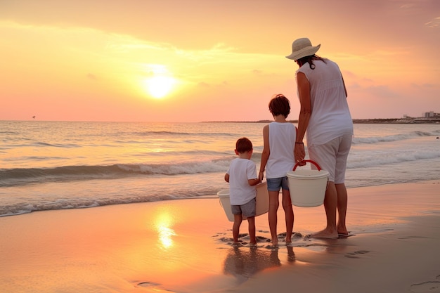 Avó e netos na praia de mãos dadas nas férias do pôr-do-sol de verão
