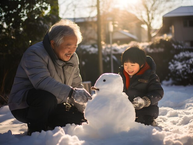 Avô e seu neto fazendo boneco de neve no quintal de sua casa diversão ao ar livre para a família