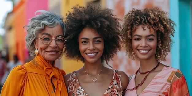 Foto avó e suas netas afro feliz posando conceito de dia das mães