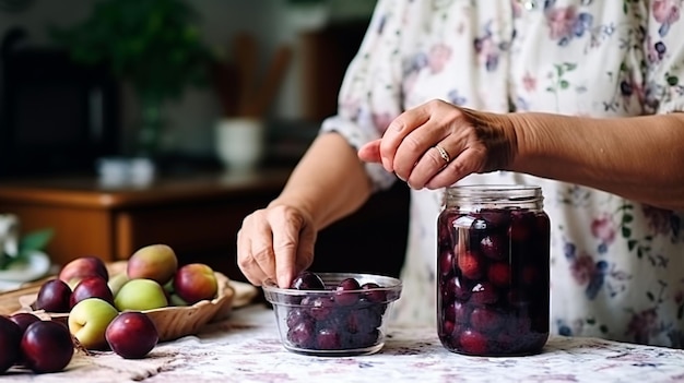 Avó enlatando ameixas para o inverno Closeup de mãos de mulheres preparando frutas para enlatar compota