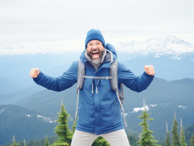 Avô feliz a caminhar entre as montanhas Turista