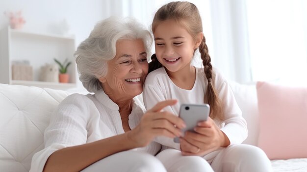 Avó feliz e neta fofa usando smartphone juntas em casa