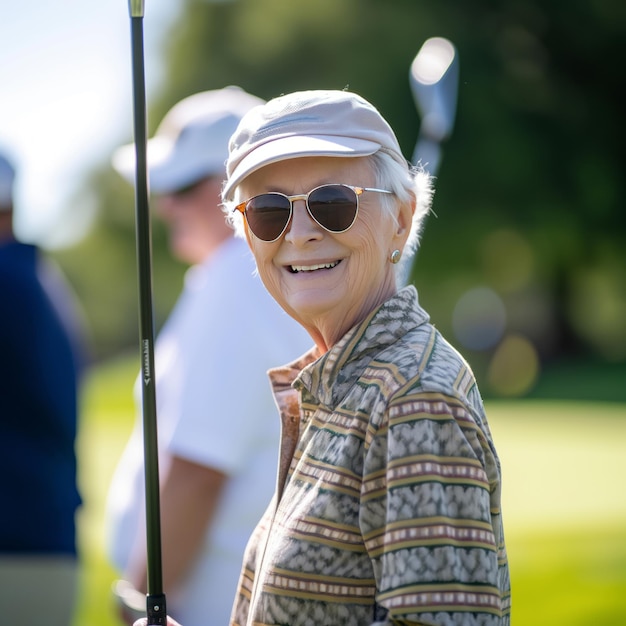 Avó grisalha sorridente a jogar golfe.