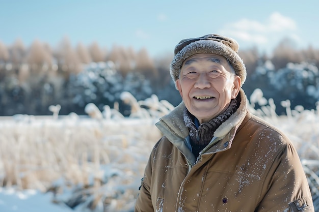 Avô japonês vestindo uma jaqueta marrom grossa está no meio de uma neve de campo