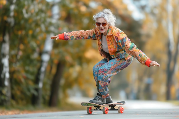 Avó louca e à moda com roupas coloridas a andar de skate na rua.