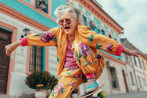 Avó louca e à moda com roupas coloridas a andar de skate na rua.