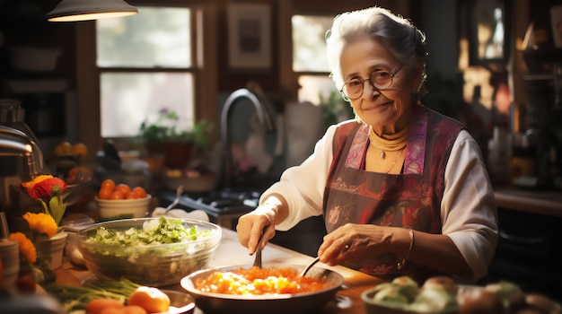 Avó mexicana cozinhando em uma grande cozinha à luz do dia.