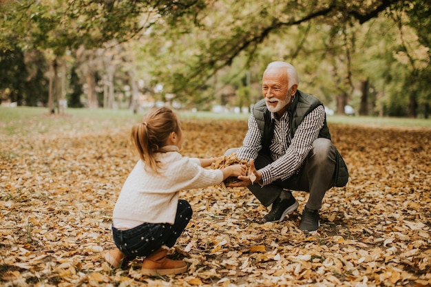Avô passando tempo com sua neta no parque no dia de outono