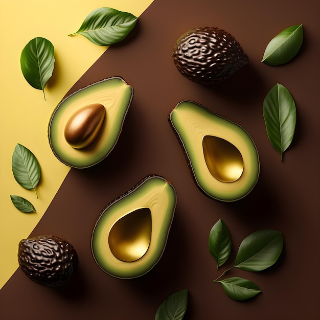 Avocado auf gelbem und braunem Hintergrund