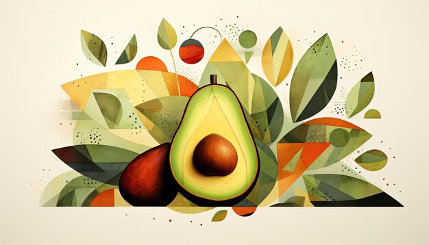 Avocado aufgeschnitten und halb auf einem weißen Hintergrund im Stil von Aquarellillustrationen