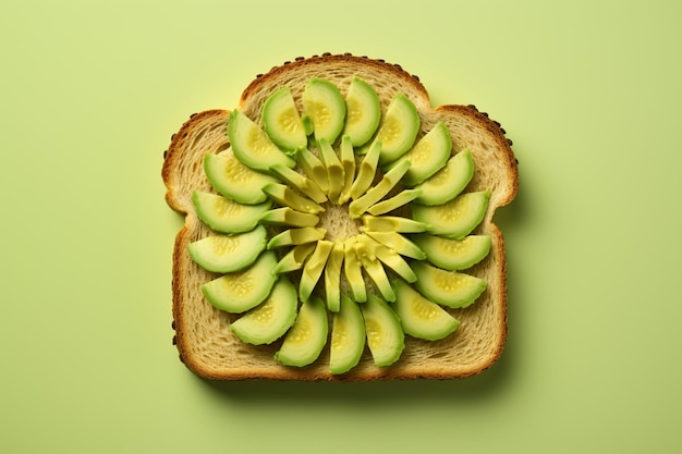 Foto avocado cortado em fatias em forma de abanico em cima de torrada