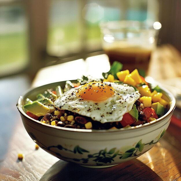 Foto avocado e feijão burrito bowl com sunnysideup egg