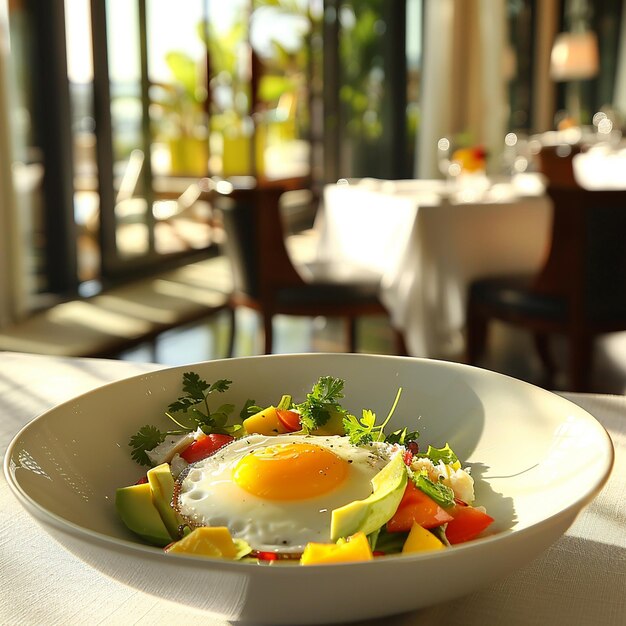 Avocado e feijão Burrito Bowl com SunnySideUp Egg