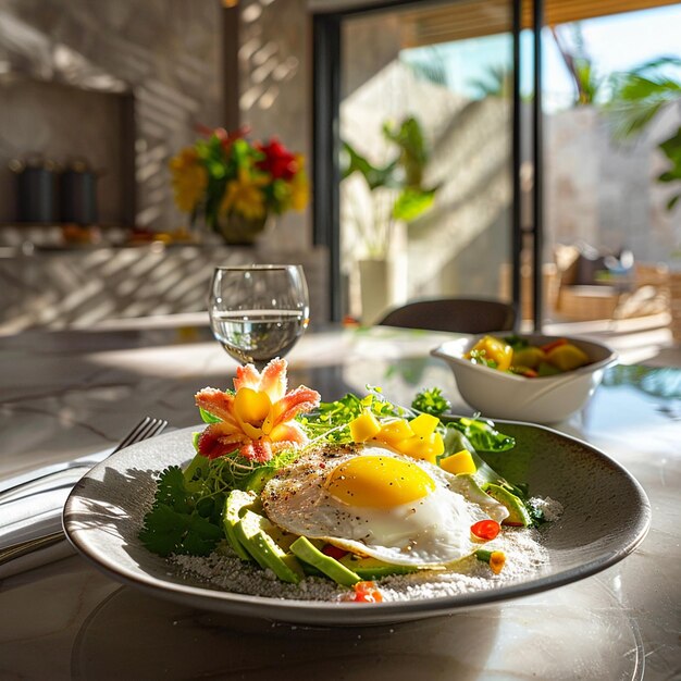 Avocado e feijão Burrito Bowl com SunnySideUp Egg