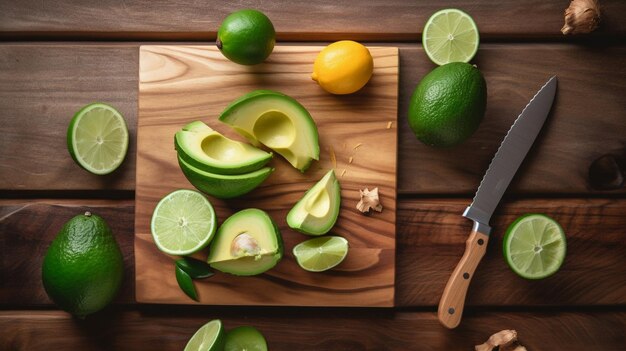 Avocado em fatias frescas em uma mesa de madeira