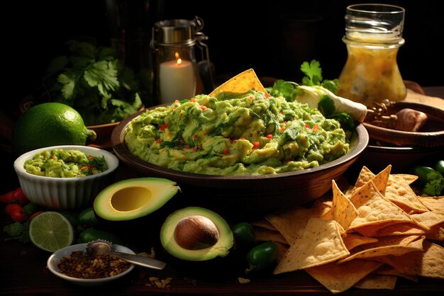 Avocado Guacamole auf einem Teller und Chips Mexikanische Küche