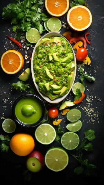 Avocado-Guacamole mit Limettenorange und Kräutern auf schwarzem Hintergrund