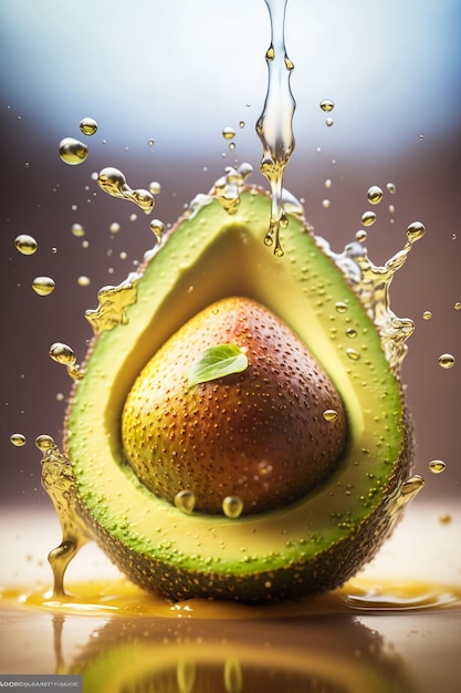 Foto avocado mit wasserspritzer und tropfen generativer ki
