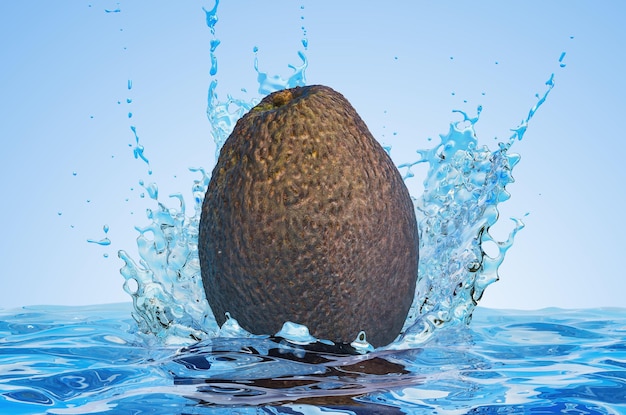 Avocado mit Wasserspritzern 3D-Rendering