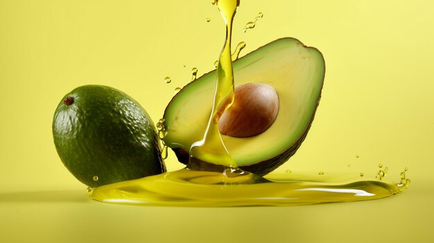 Foto avocado y salpicaduras de aceite de aguacate en fondo amarillo concepto de alimentos saludables