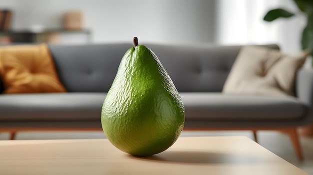 Avocado schmückt einen Holztisch im gemütlichen Wohnzimmer eines Hauses mit generativer KI