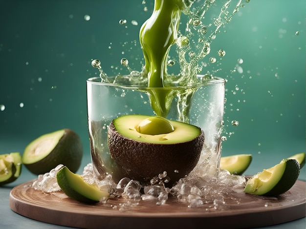 Avocado spritzt in ein Glas Wasser auf einem Holzbrett