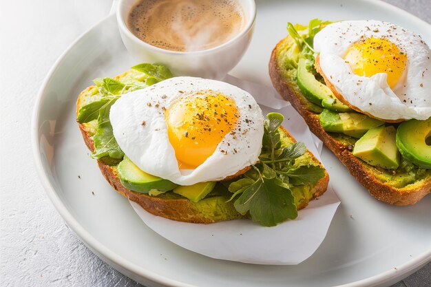 Avocado-Toast mit einem perfekten Eierbrötchen oben mit Salz und Pfeffer, serviert mit Kaffee zum Frühstück