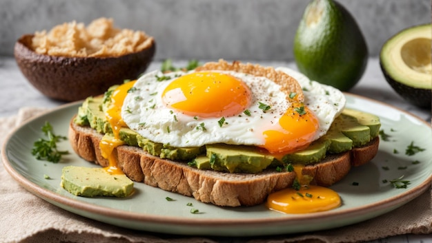 Avocado-Toast mit gebratenen Eiern auf einem Teller gesundes Frühstück