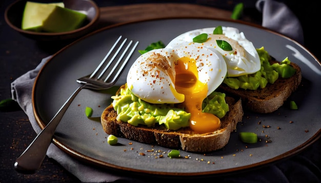 Avocado-Toast mit pochiertem Ei mit flüssigem Eigelb über Roggenbrot-Toast mit zerdrücktem Avocado-Aufstrich