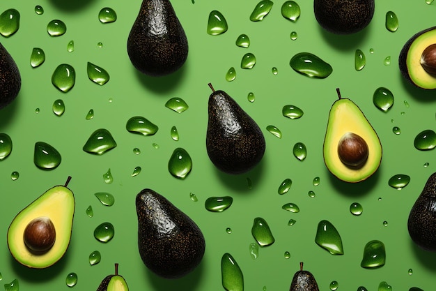 Avocados auf grünem Hintergrund mit generativen grünen Blättern