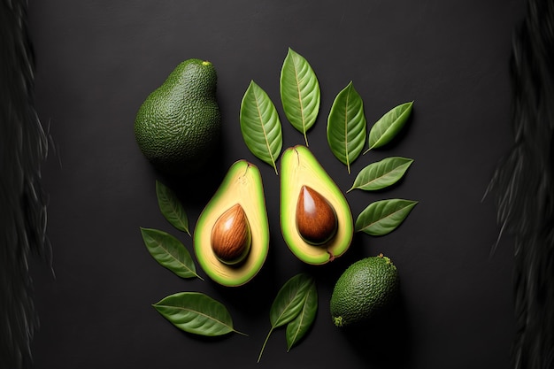 Avocados in ihrer Gesamtheit und in halber Draufsicht vor dunklem Hintergrund