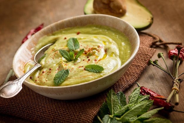 Avocadosuppe mit Minzblatt und scharfer Chilischote