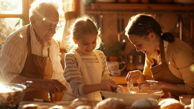 Avós e netos a cozinhar juntos numa cozinha ensolarada cheia de luz dourada e amor.