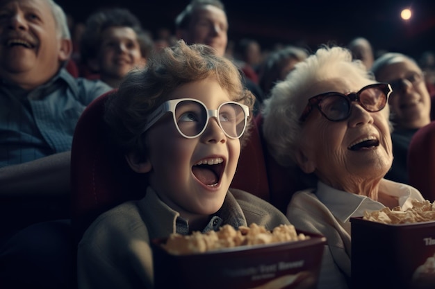 Foto avós e netos assistindo a um filme no cinema