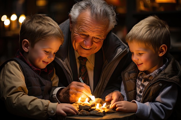Avós e netos compartilham histórias calorosas à beira da lareira.