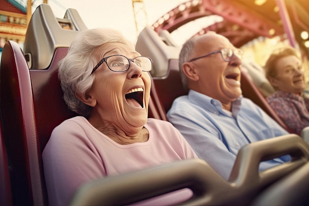 Avós engraçados juntos andando na montanha-russa no parque de diversões criado com Generative AI