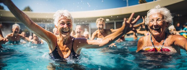 Avós idosas alegres a nadar na piscina IA generativa