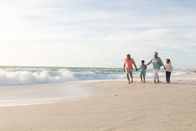 Avós multirraciais de mãos dadas com netos andando na praia contra o céu