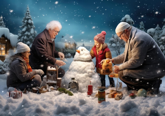 Avós, pais e filhos construindo um boneco de neve juntos