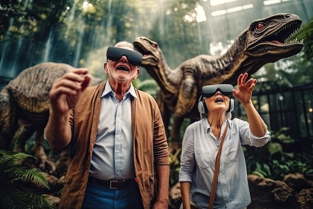 Avós usando óculos de realidade virtual para entretenimento de jogos criados com Generative AI