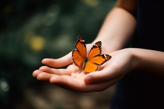 Awe of Nature, mãos de uma jovem segurando uma linda borboleta laranja