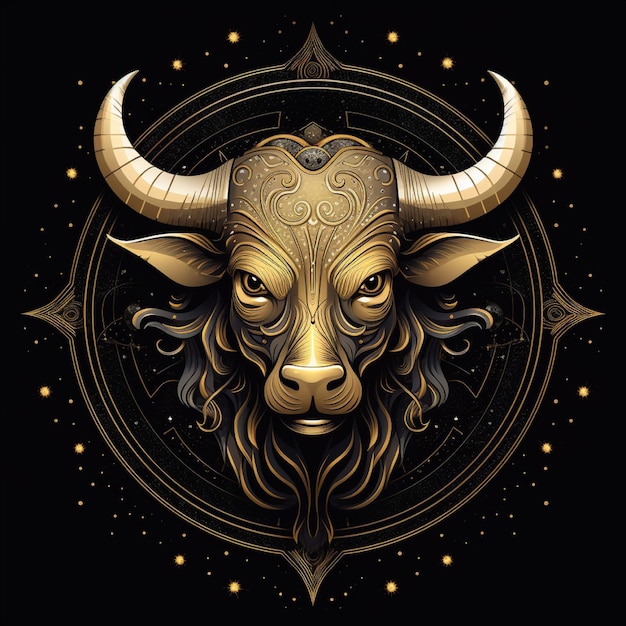 Awesome logotipo de un símbolo del zodiaco Tauro línea de arte oro y negro fondo negro con mucho oro