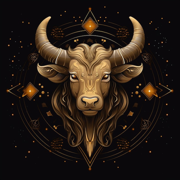 Awesome logotipo de un símbolo del zodiaco Tauro línea de arte oro y negro fondo negro con mucho oro