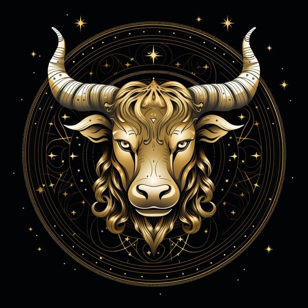 Foto awesome logotipo de un símbolo del zodiaco tauro línea de arte oro y negro fondo negro con mucho oro