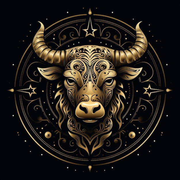 Foto awesome logotipo de un símbolo del zodiaco tauro línea de arte oro y negro fondo negro con mucho oro