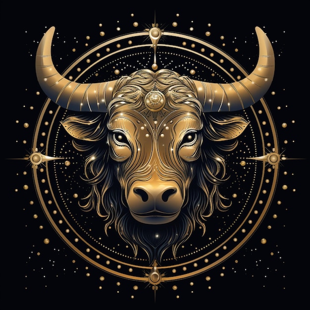 Foto awesome logotipo de un símbolo del zodiaco tauro línea de arte oro y negro fondo negro con mucho oro