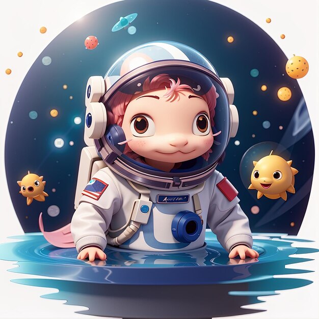 Foto axolotl astronauta bonito nadando flutuando no espaço ícone vetorial de desenho animado ilustração ciência ícone animal conceito isolado estilo de desenhos animados plano vetorial premium